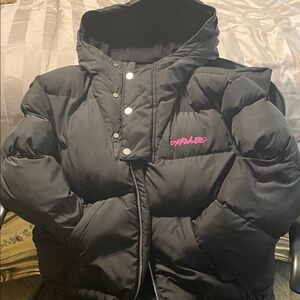 Off-White Kids Black Puffer Jacket with Pink Logo
